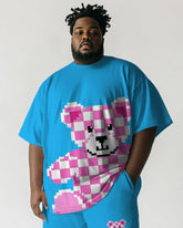 Men's Plus Size Blue Pink Color-block Pixel Bear Print Short-sleeved T-shirt Shorts Suit
